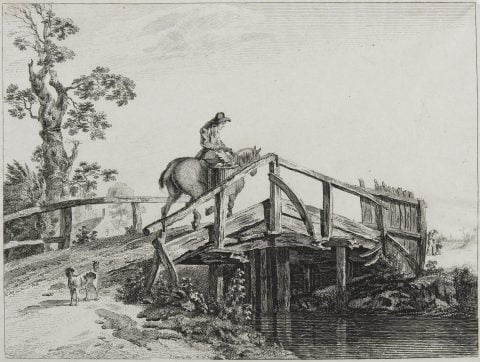 Man On Horseback Crossing Decayed Bridge
