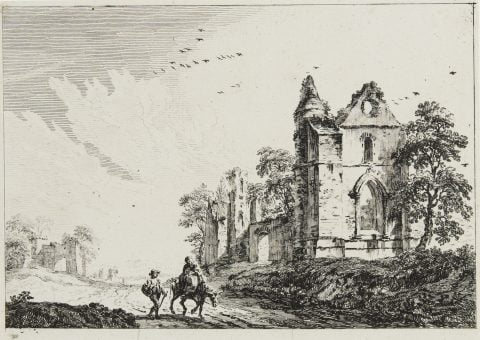 Two Figure On Roadway Between Two Ruins