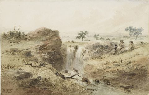 Aborigines resting at Wannon Falls, Coleraine District, Western Victoria