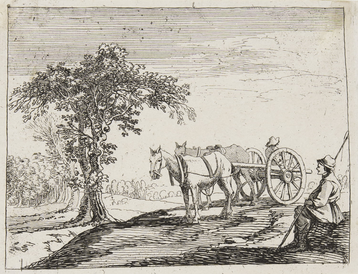 Cart, Two Horses, Man With Long Staff