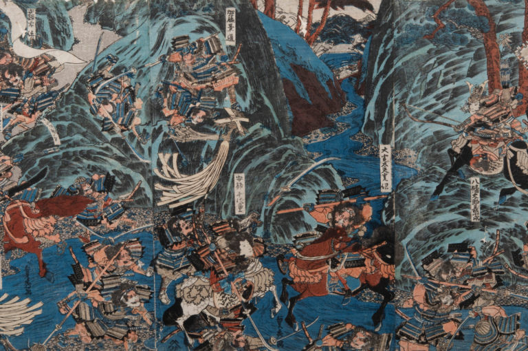 UTAGAWA SADAHIDE The Great Battle of Koromo River in ÅŒshÅ« (Koromogawa Ågassen no zu) woodblock print, triptych, ink and colour on paper